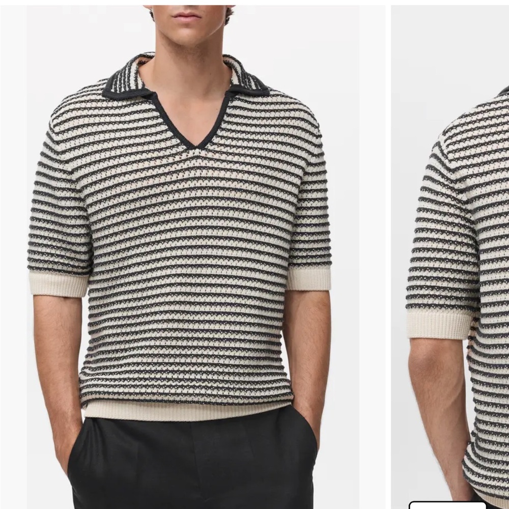 MANGO Striped Knit Short Sleeve Polo - Cream & Black
